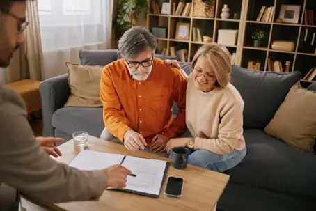 Mature couple reviewing important legal documents with their financial advisor